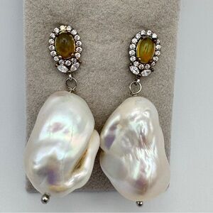 Elegant Fresh Water Flameball Pearl and CZ with Ethiopian Opal Drop Earrings